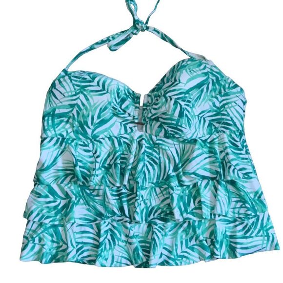 Catalina White Green Leaf Print Tiered Ruffle Tankini Top Size 2X (18W-20W) - Picture 4 of 12
